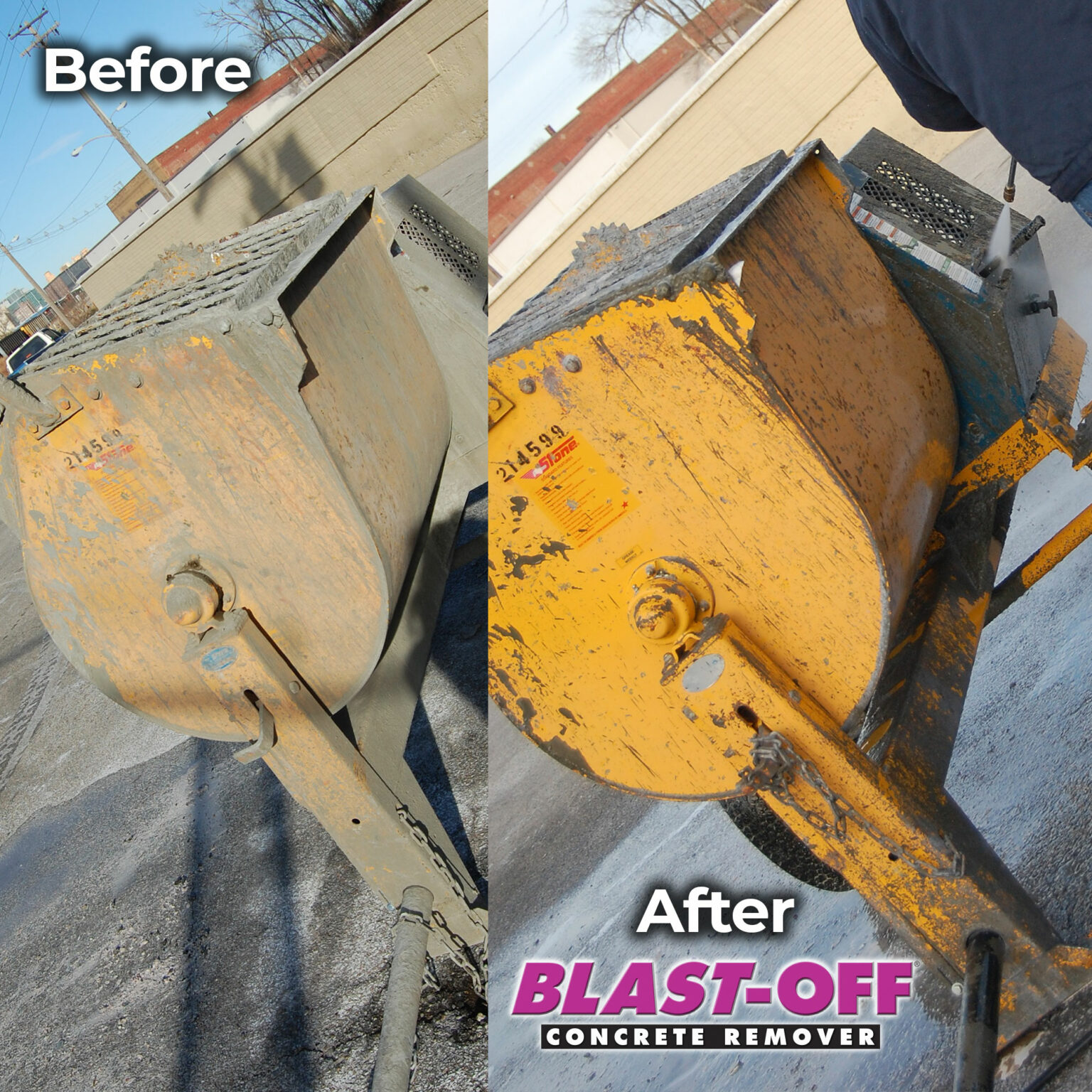 Concrete remover BlastOff safely dissolves concrete buildup and splatter